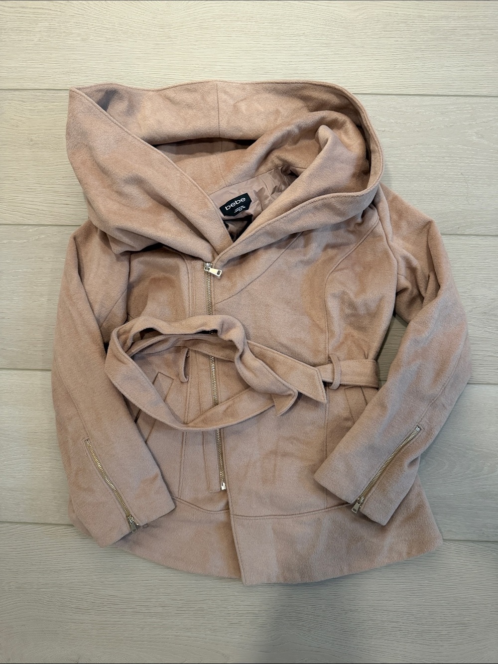bebe Dusty Taupe Hooded Belted Coat